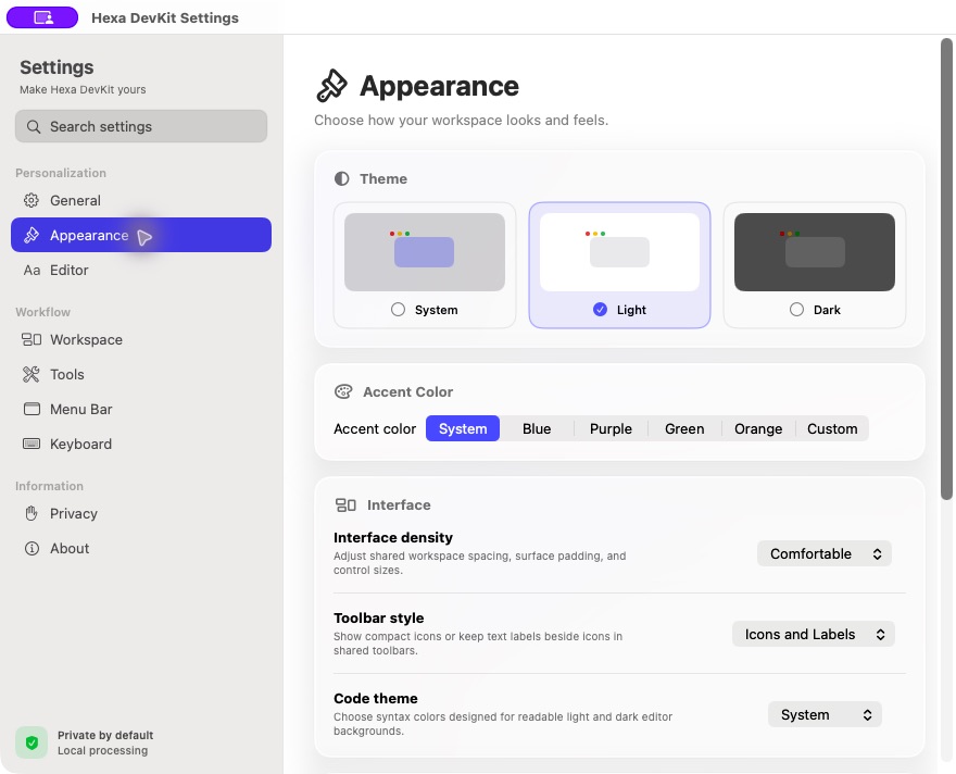 Hexa DevKit appearance settings with theme, accent, density, toolbar, code theme, and surface controls