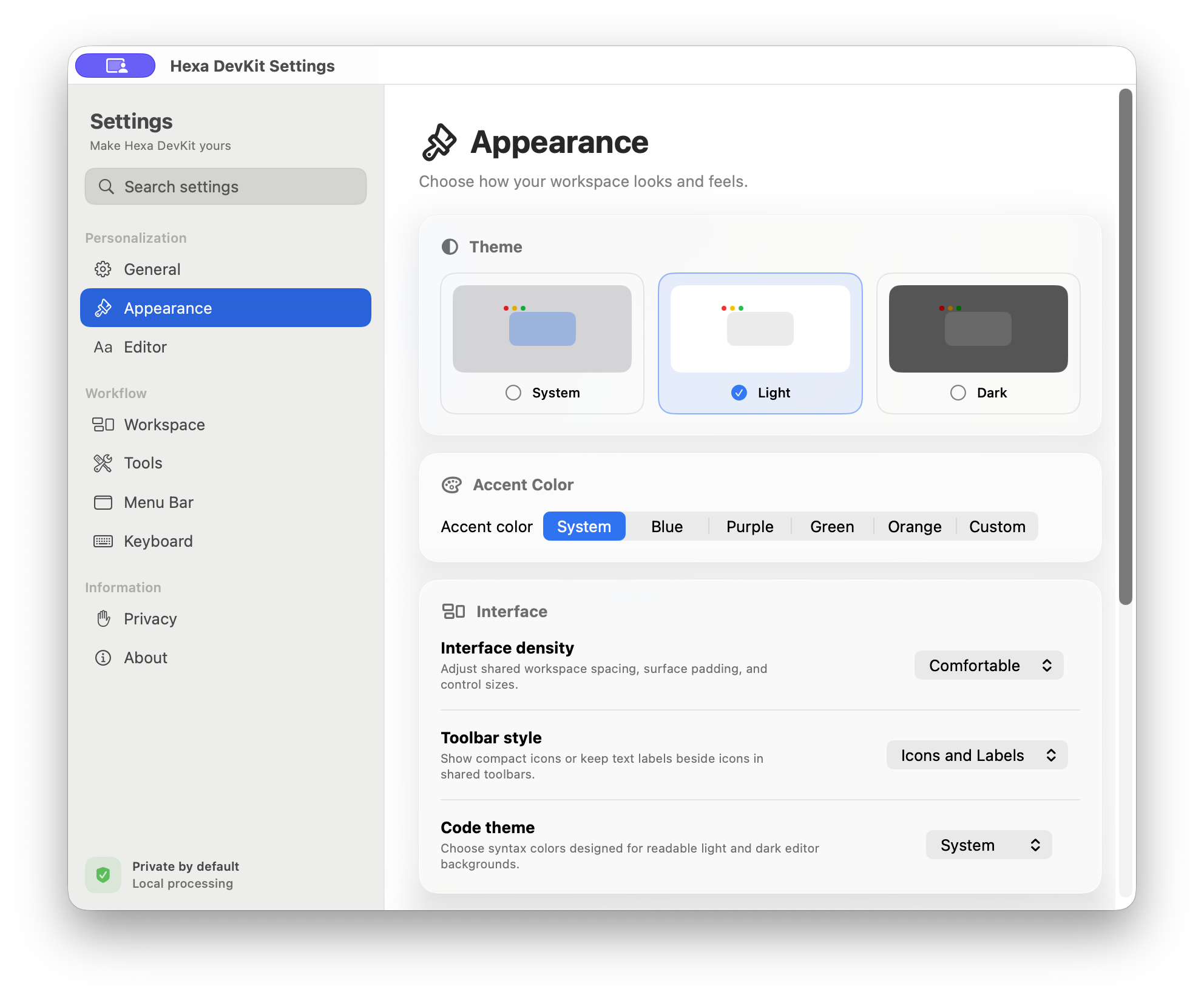 Hexa DevKit appearance settings with theme, accent, density, toolbar, code theme, and surface controls