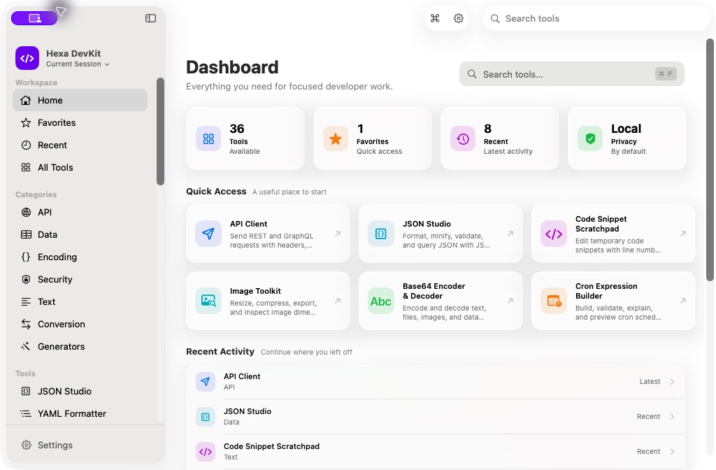 Hexa DevKit dashboard showing quick-access tools and local-first privacy status