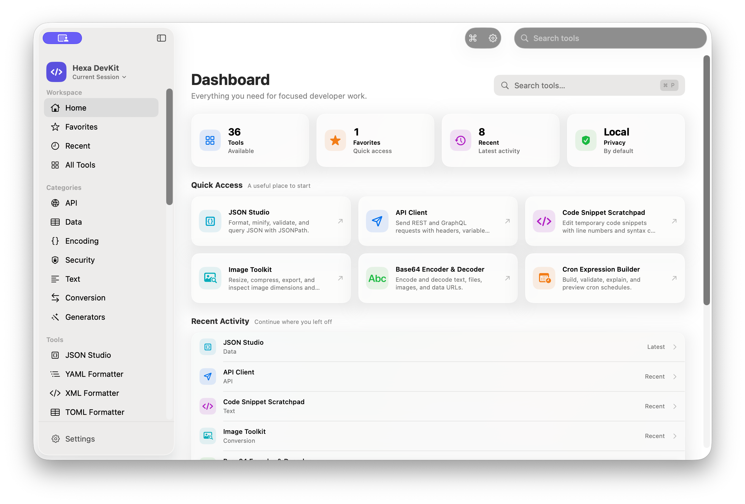 Hexa DevKit dashboard showing quick-access tools and local-first privacy status