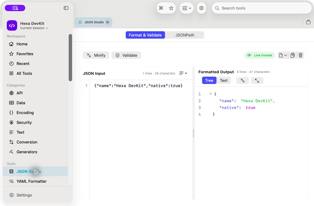 Hexa DevKit JSON Studio formatting and validating a local JSON document