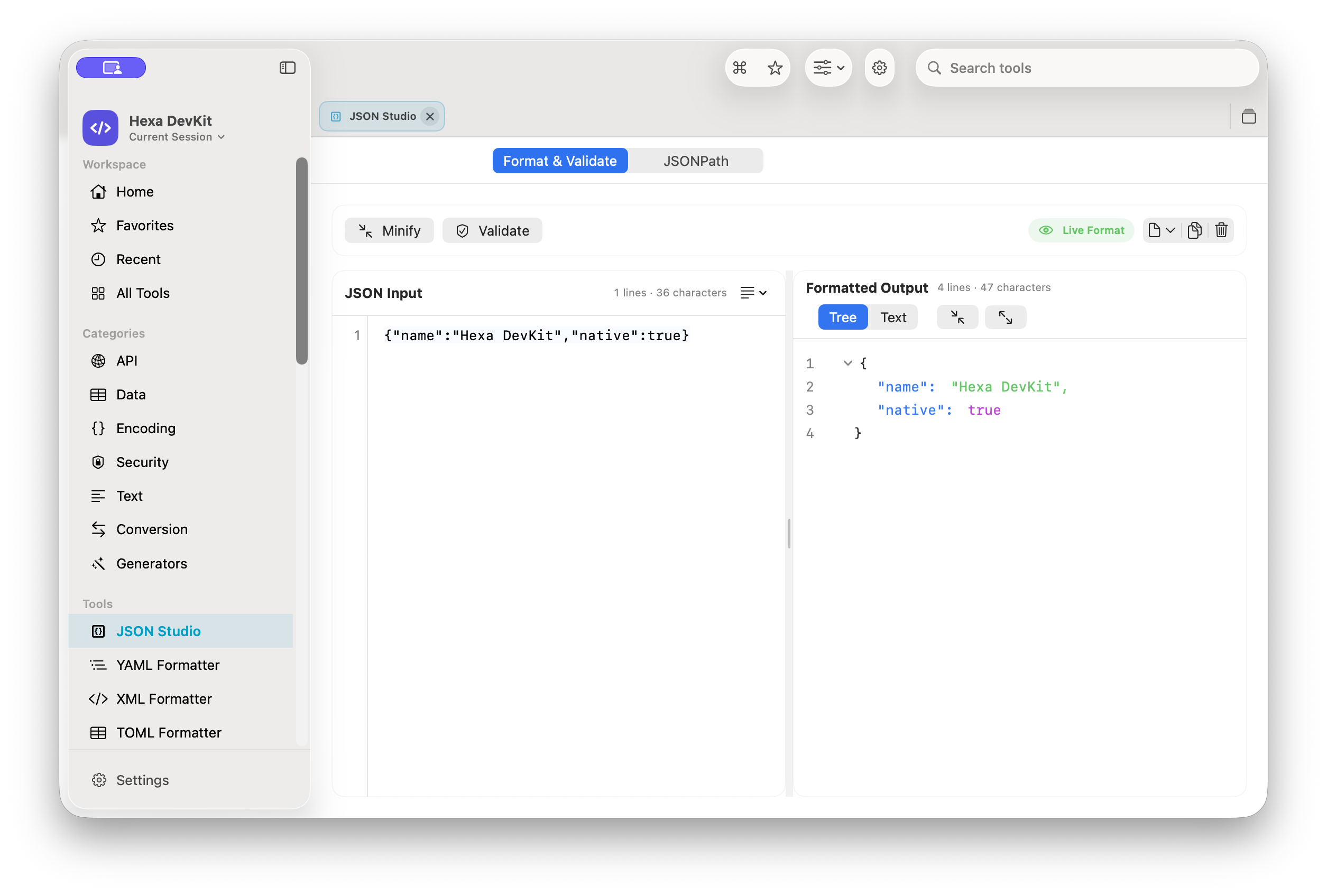 Hexa DevKit JSON Studio formatting local JSON and generating deduplicated interfaces